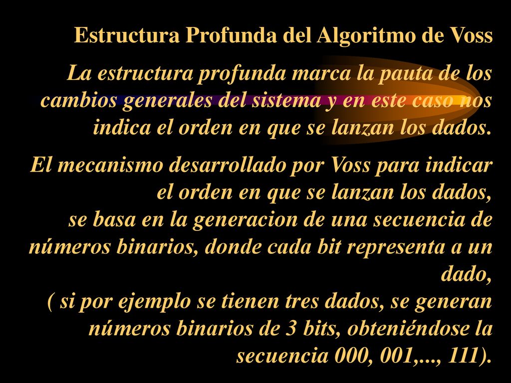 Estructura Profunda del Algoritmo de Voss La estructura profunda marca la pauta de los cambios generales del sistema y en este caso nos indica el orden en que se lanzan los dados.
