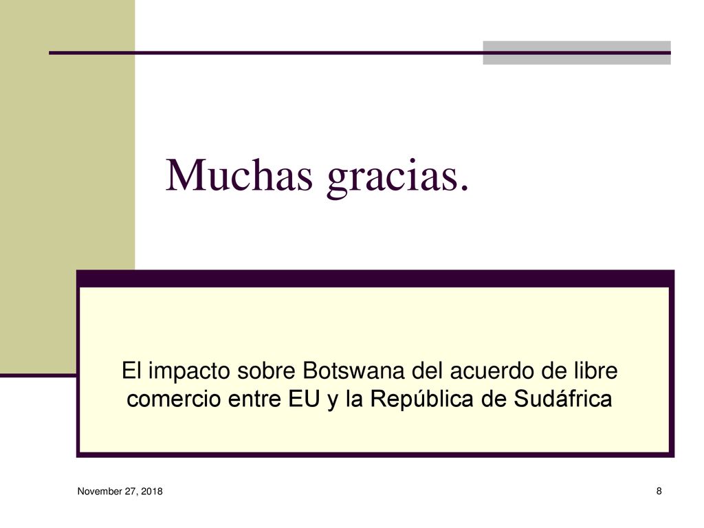 Muchas gracias. El impacto sobre Botswana del acuerdo de libre comercio entre EU y la República de Sudáfrica.
