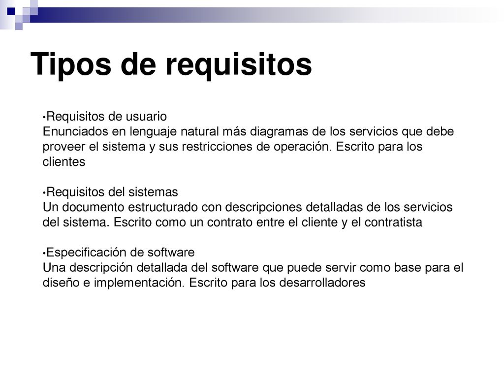 Tipos de requisitos Requisitos de usuario