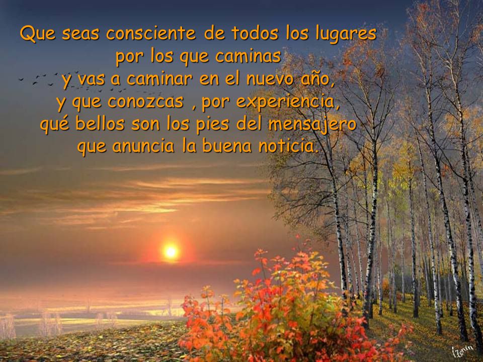 Que seas consciente de todos los lugares por los que caminas y vas a caminar en el nuevo año, y que conozcas , por experiencia, qué bellos son los pies del mensajero que anuncia la buena noticia.