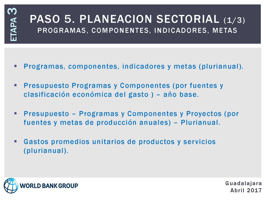ETAPA 3 Paso 5. PLANEACION SECTORIAL (1/3) Programas, Componentes, Indicadores, Metas. Programas, componentes, indicadores y metas (plurianual).