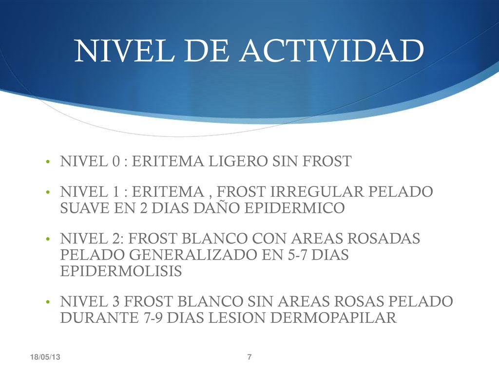 NIVEL DE ACTIVIDAD NIVEL 0 : ERITEMA LIGERO SIN FROST