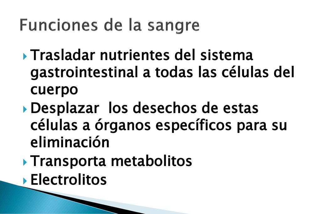 Funciones de la sangre Trasladar nutrientes del sistema gastrointestinal a todas las células del cuerpo.