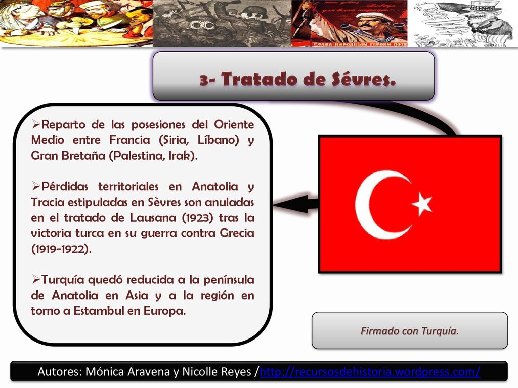 3- Tratado de Sévres. Reparto de las posesiones del Oriente Medio entre Francia (Siria, Líbano) y Gran Bretaña (Palestina, Irak).