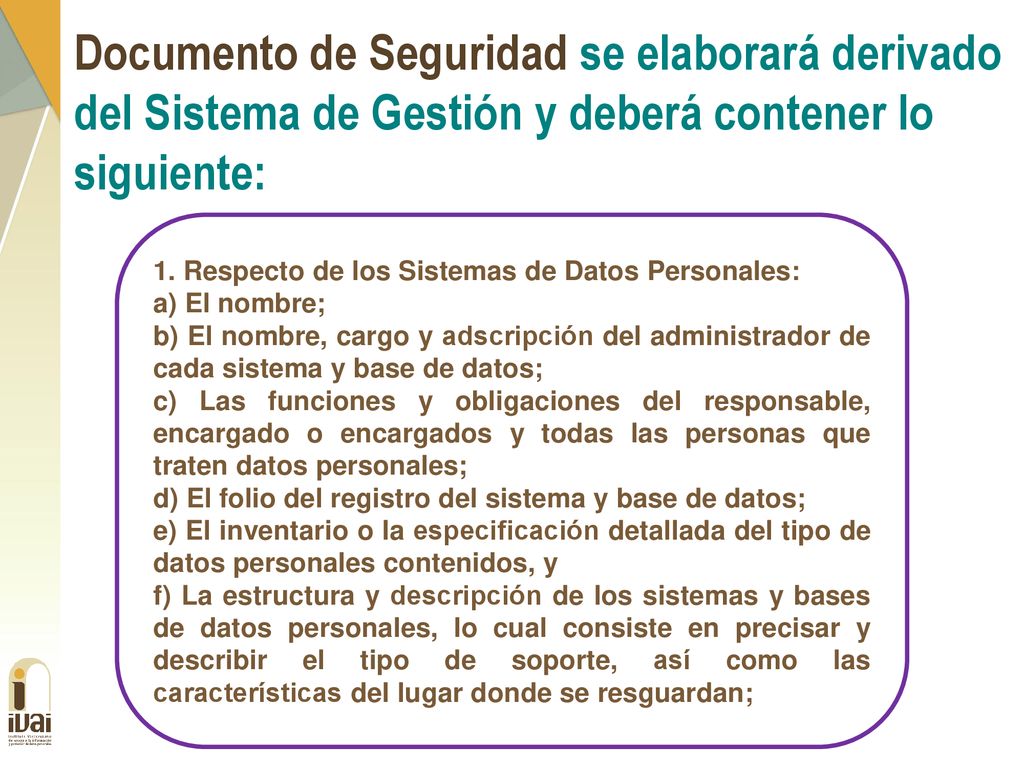 Documento de Seguridad se elaborará derivado del Sistema de Gestión y deberá contener lo siguiente: