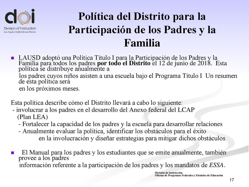 Política del Distrito para la Participación de los Padres y la Familia
