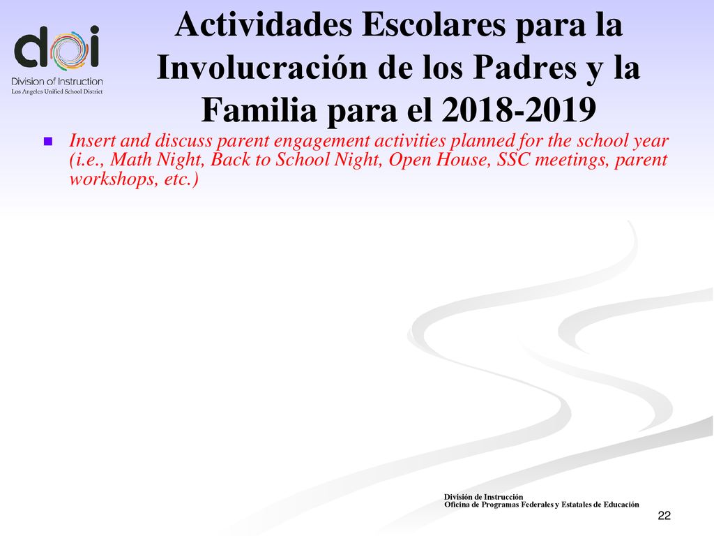 Actividades Escolares para la Involucración de los Padres y la Familia para el