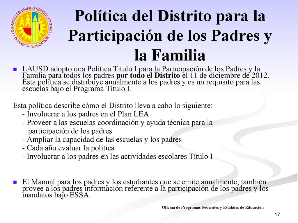 Política del Distrito para la Participación de los Padres y la Familia