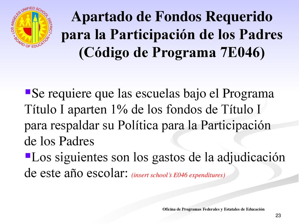 Apartado de Fondos Requerido para la Participación de los Padres