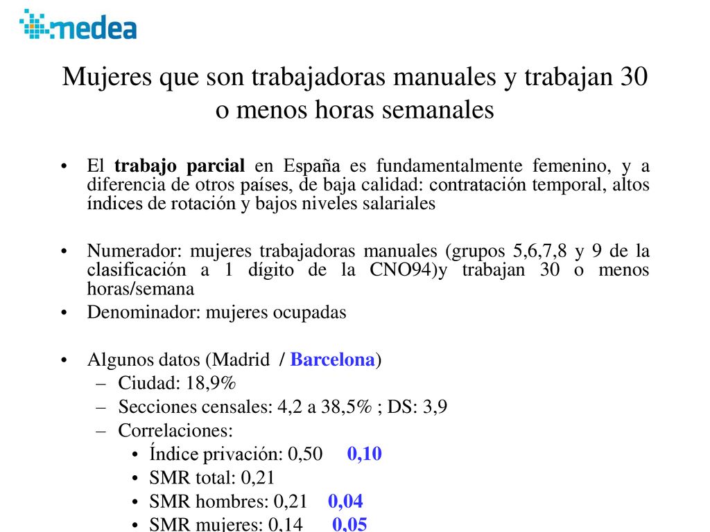 Mujeres que son trabajadoras manuales y trabajan 30 o menos horas semanales