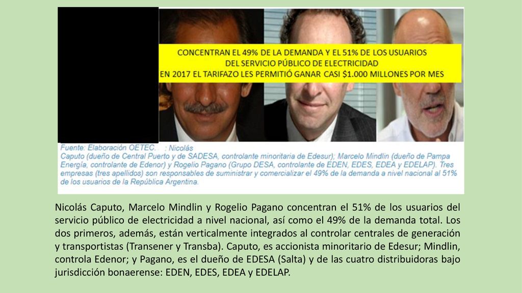 Nicolás Caputo, Marcelo Mindlin y Rogelio Pagano concentran el 51% de los usuarios del servicio público de electricidad a nivel nacional, así como el 49% de la demanda total.