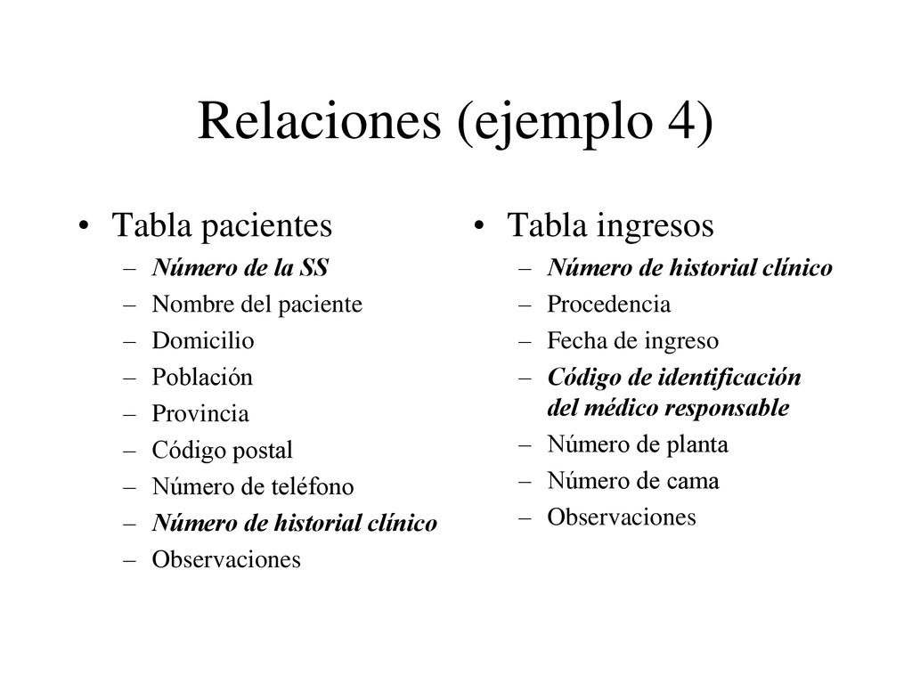 Relaciones (ejemplo 4) Tabla pacientes Tabla ingresos Número de la SS