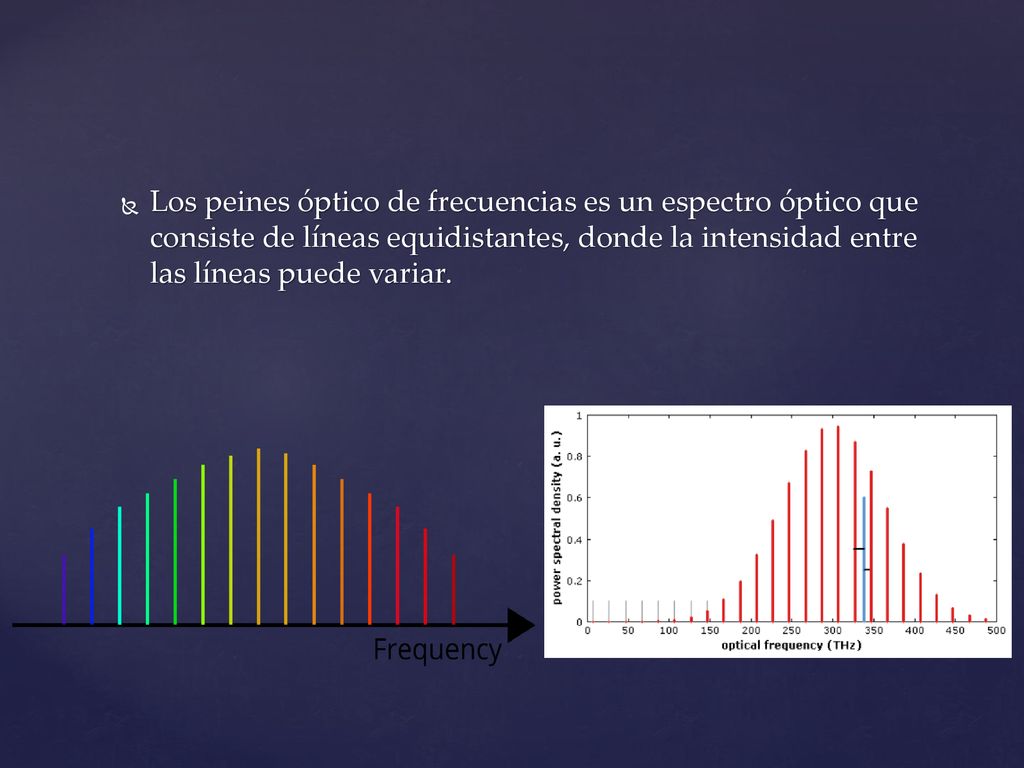 Los peines óptico de frecuencias es un espectro óptico que consiste de líneas equidistantes, donde la intensidad entre las líneas puede variar.
