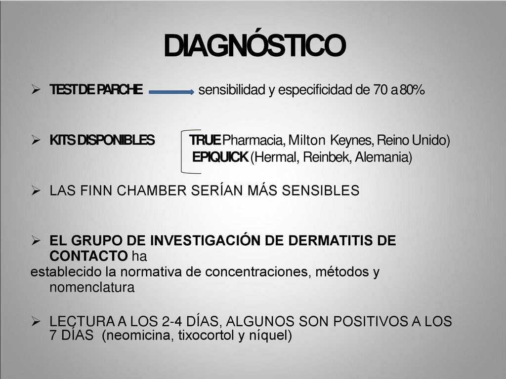 DIAGNÓSTICO TEST DE PARCHE sensibilidad y especificidad de 70 a 80%