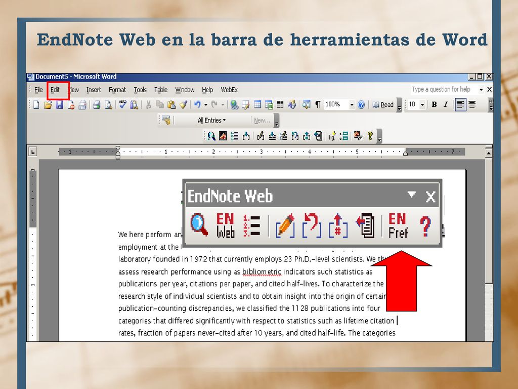 EndNote Web en la barra de herramientas de Word