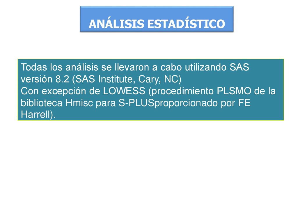 Análisis estadístico Todas los análisis se llevaron a cabo utilizando SAS versión 8.2 (SAS Institute, Cary, NC)