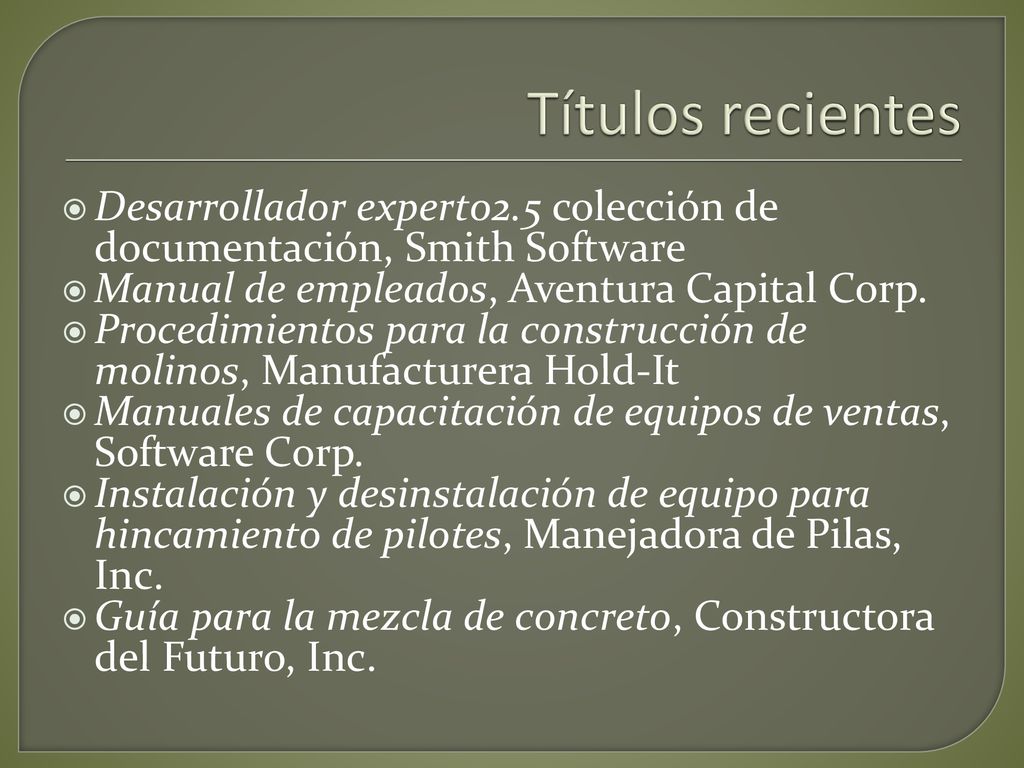 Títulos recientes Desarrollador experto2.5 colección de documentación, Smith Software. Manual de empleados, Aventura Capital Corp.