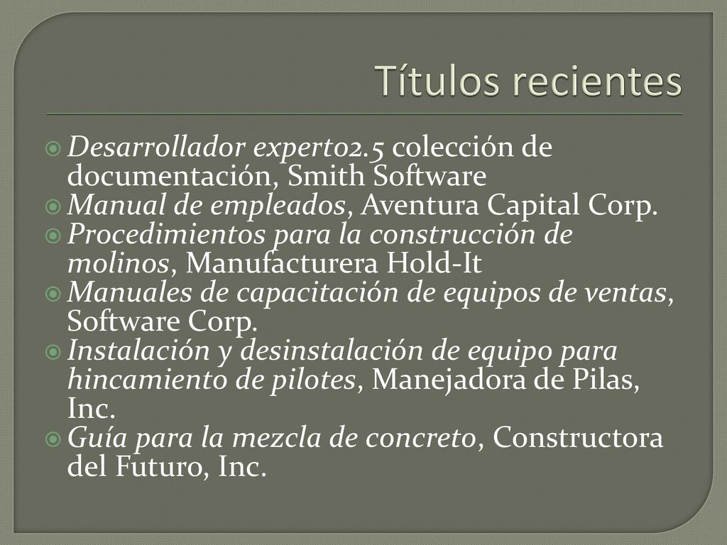 Títulos recientes Desarrollador experto2.5 colección de documentación, Smith Software. Manual de empleados, Aventura Capital Corp.