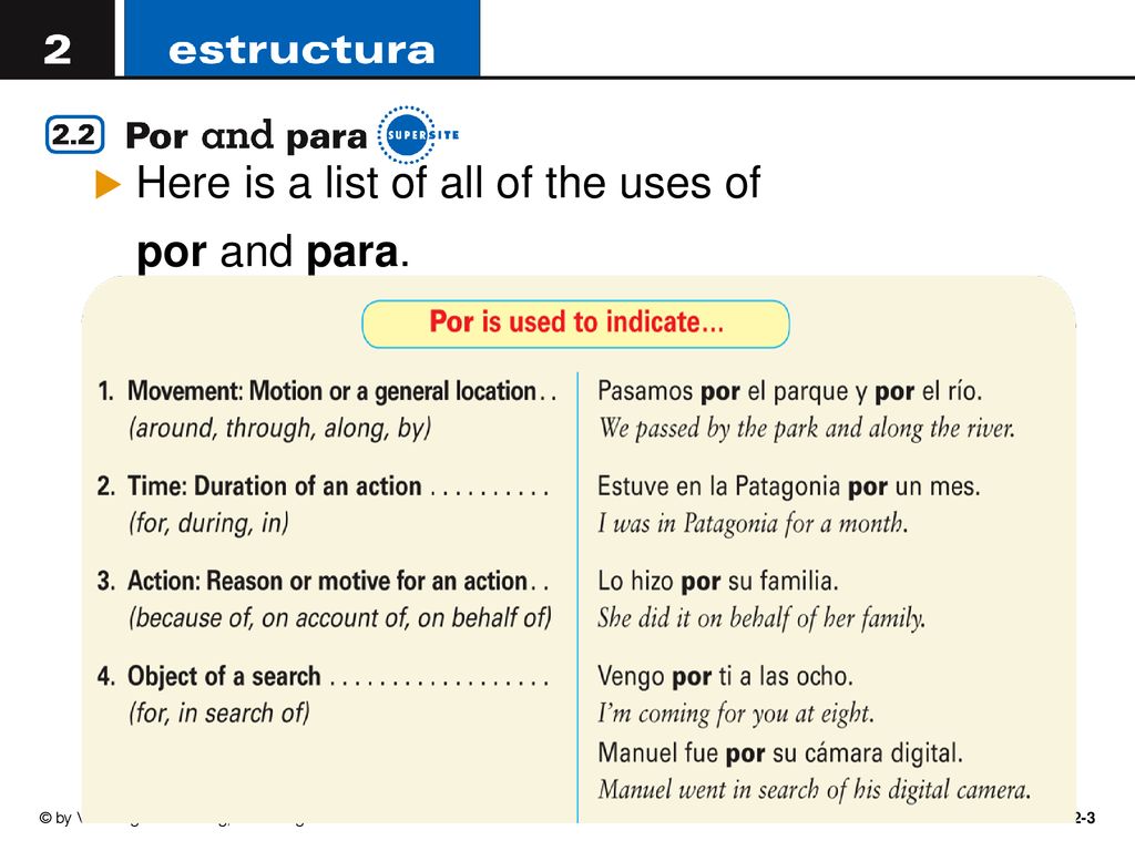 Here is a list of all of the uses of por and para.