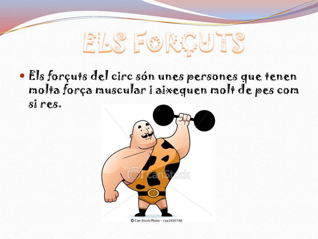ELS FORÇUTS Els forçuts del circ són unes persones que tenen molta força muscular i aixequen molt de pes com si res.