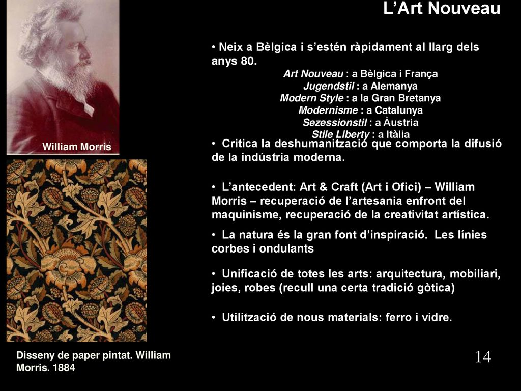 L’antecedent: Art & Craft (Art i Ofici) – William Morris – recuperació de l’artesania enfront del maquinisme, recuperació de la creativitat artística.