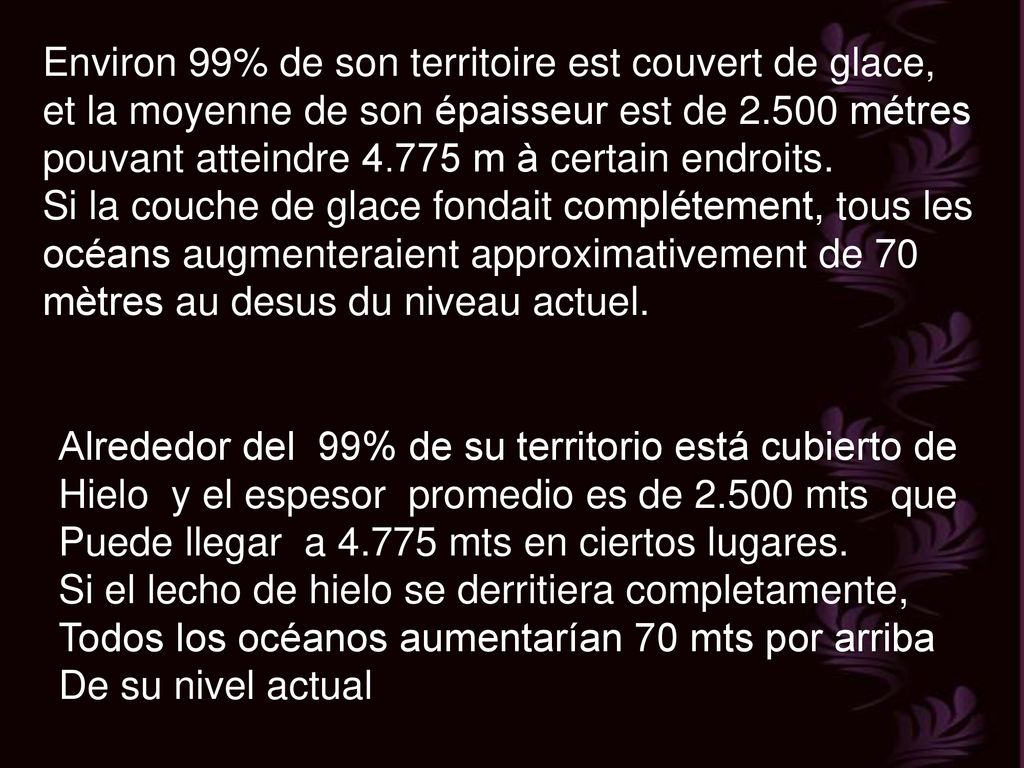 Environ 99% de son territoire est couvert de glace, et la moyenne de son épaisseur est de métres pouvant atteindre m à certain endroits.