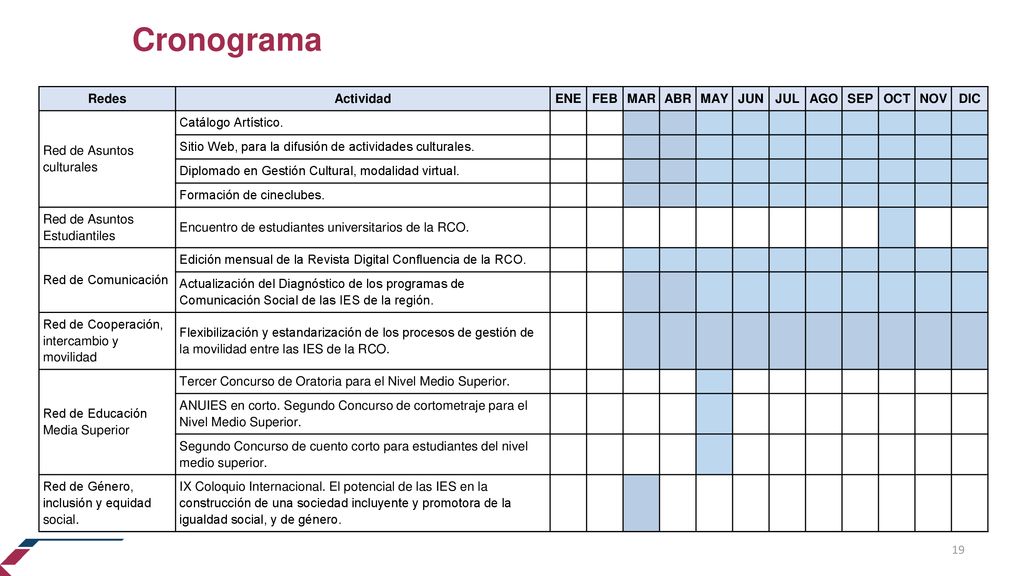 Cronograma Redes Actividad ENE FEB MAR ABR MAY JUN JUL AGO SEP OCT NOV