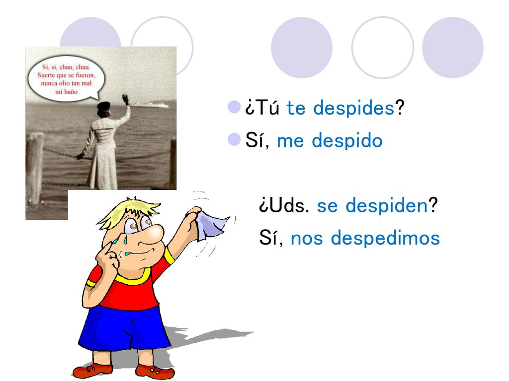 ¿Tú te despides Sí, me despido ¿Uds. se despiden Sí, nos despedimos