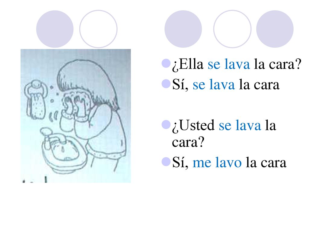 ¿Ella se lava la cara Sí, se lava la cara ¿Usted se lava la cara Sí, me lavo la cara
