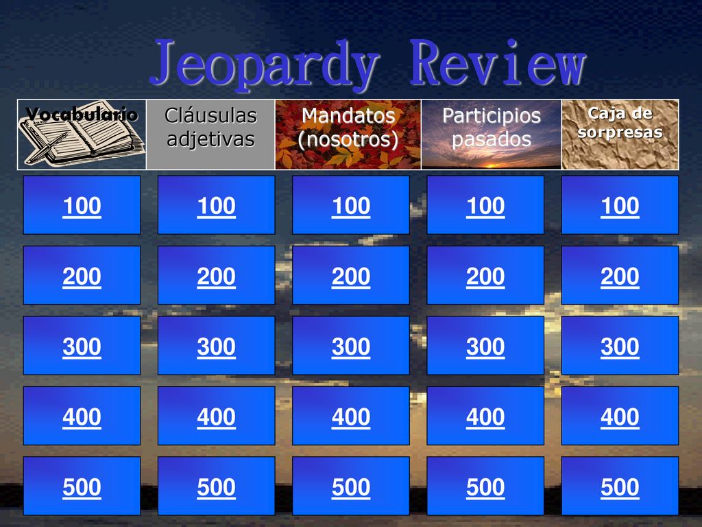 Jeopardy Review Vocabulario. Cláusulas adjetivas. Mandatos (nosotros) Participios pasados. Caja de sorpresas.