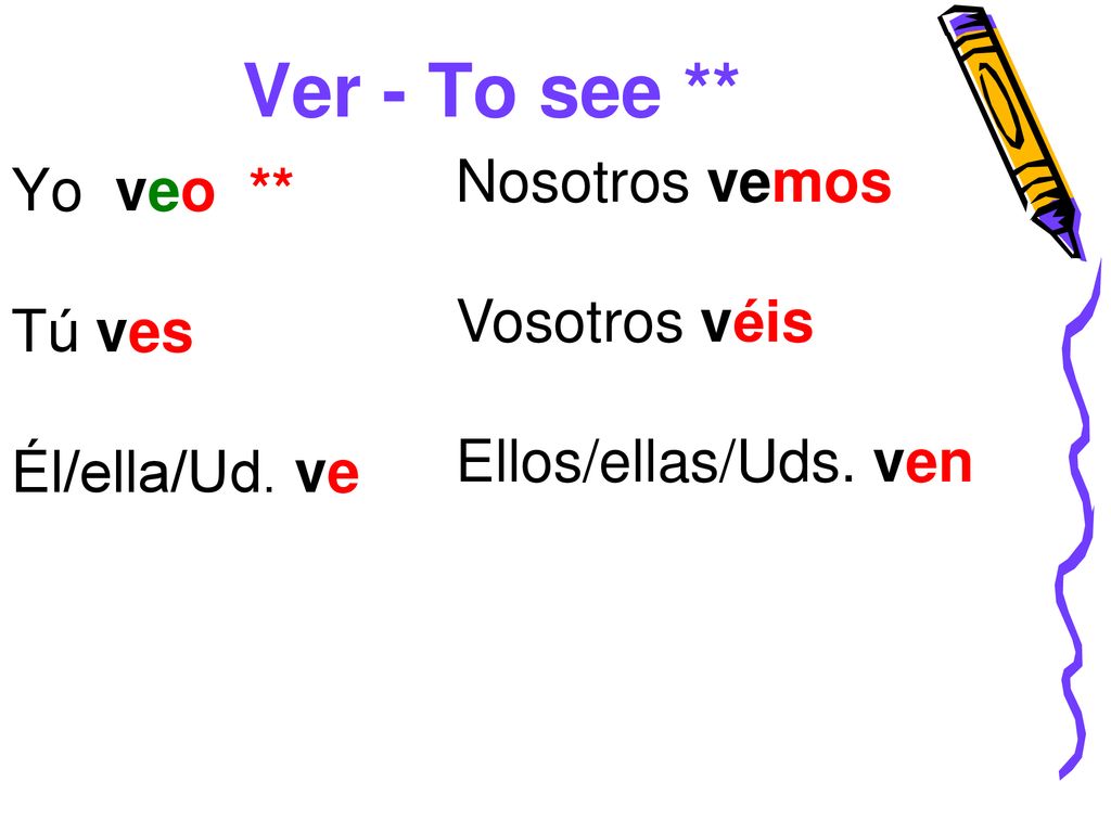 Ver - To see ** Nosotros vemos Yo veo ** Vosotros véis Tú ves