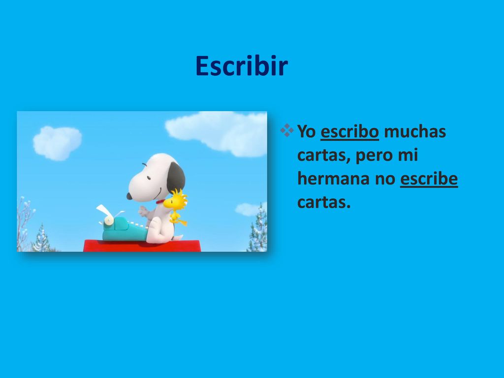 Escribir Yo escribo muchas cartas, pero mi hermana no escribe cartas.
