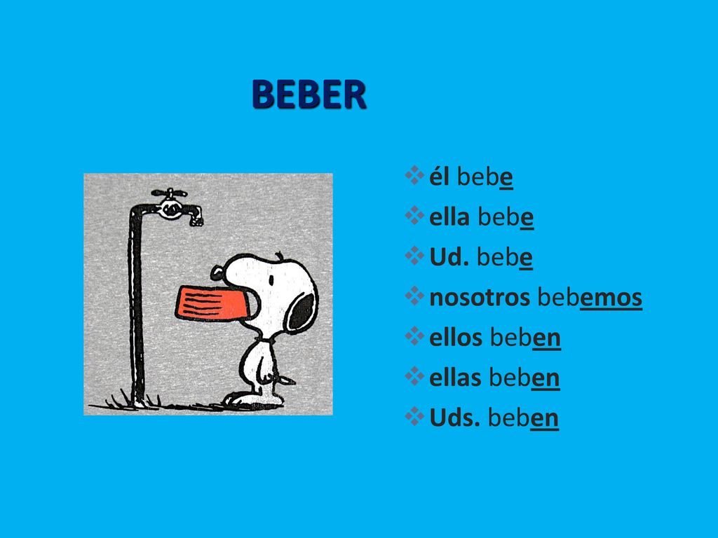 BEBER él bebe ella bebe Ud. bebe nosotros bebemos ellos beben
