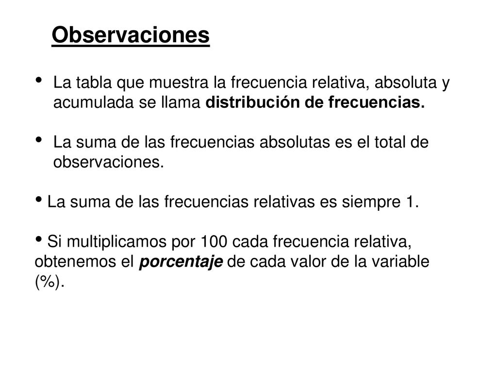 Observaciones La tabla que muestra la frecuencia relativa, absoluta y acumulada se llama distribución de frecuencias.