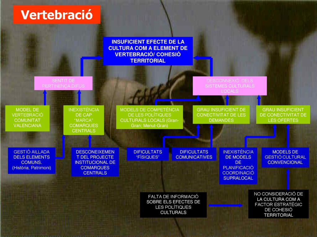 Vertebració INSUFICIENT EFECTE DE LA CULTURA COM A ELEMENT DE VERTEBRACIÓ/ COHESIÓ TERRITORIAL. SENTIT DE PERTINENÇA DIFÚS.
