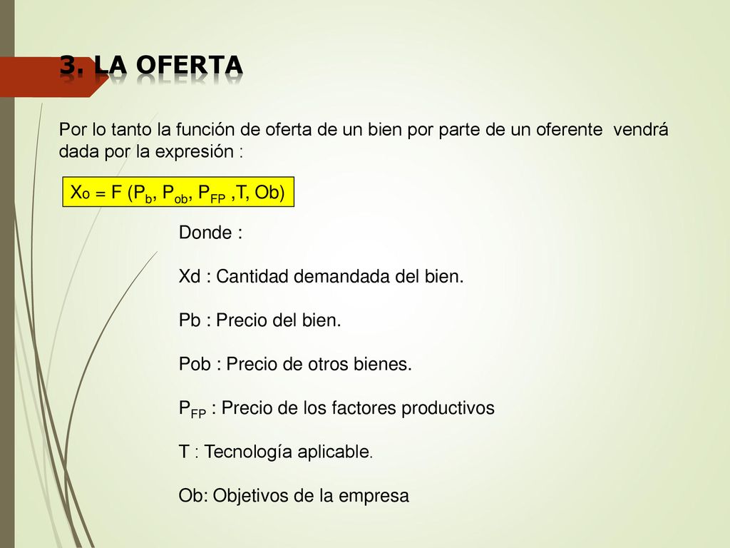 3. La OFERTA Por lo tanto la función de oferta de un bien por parte de un oferente vendrá dada por la expresión :