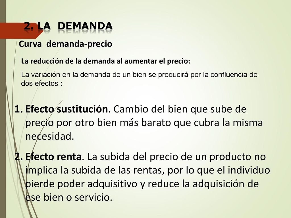 2. La demanda Curva demanda-precio. La reducción de la demanda al aumentar el precio: