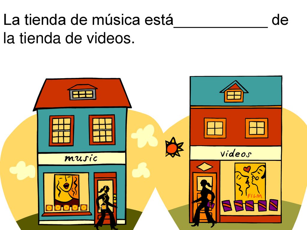La tienda de música está___________ de la tienda de videos.