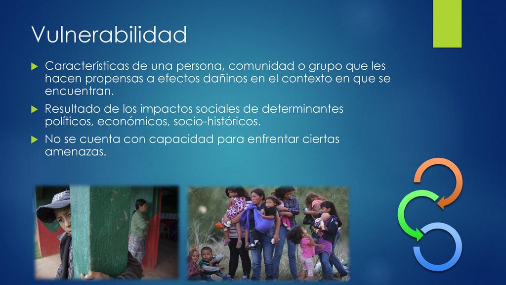 Vulnerabilidad Características de una persona, comunidad o grupo que les hacen propensas a efectos dañinos en el contexto en que se encuentran.
