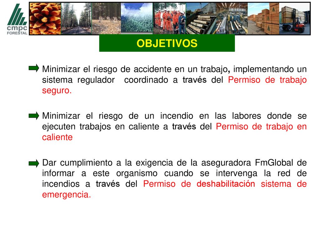 OBJETIVOS Minimizar el riesgo de accidente en un trabajo, implementando un sistema regulador coordinado a través del Permiso de trabajo seguro.