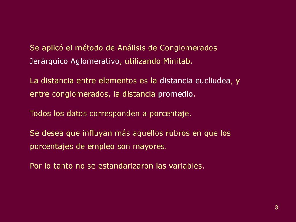 Se aplicó el método de Análisis de Conglomerados Jerárquico Aglomerativo, utilizando Minitab.