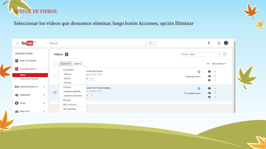 GESTOR DE VIDEOS: Seleccionar los videos que deseamos eliminar, luego botón Acciones, opción Eliminar.