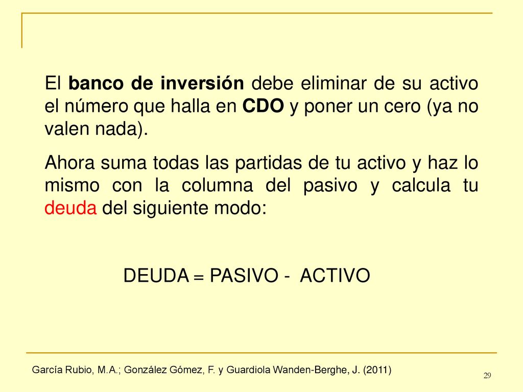 El banco de inversión debe eliminar de su activo el número que halla en CDO y poner un cero (ya no valen nada).
