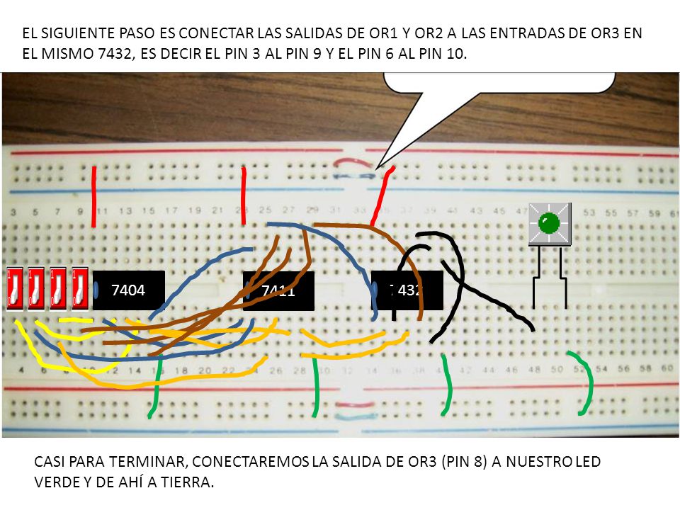 EL SIGUIENTE PASO ES CONECTAR LAS SALIDAS DE OR1 Y OR2 A LAS ENTRADAS DE OR3 EN EL MISMO 7432, ES DECIR EL PIN 3 AL PIN 9 Y EL PIN 6 AL PIN 10.