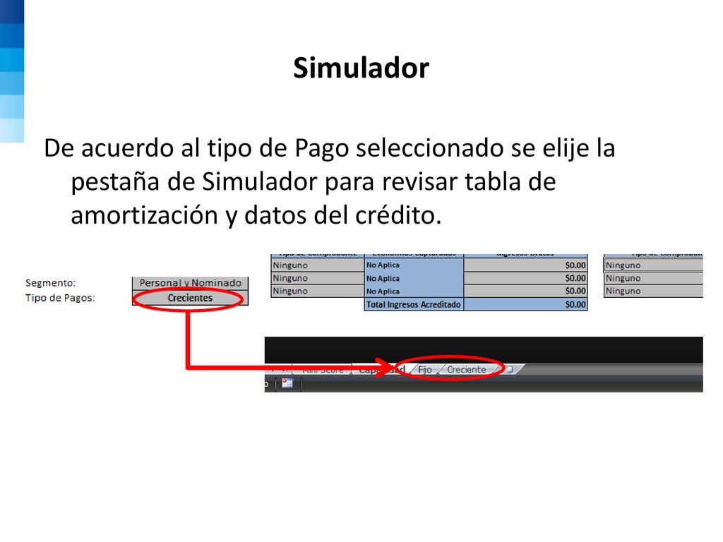 Simulador De acuerdo al tipo de Pago seleccionado se elije la pestaña de Simulador para revisar tabla de amortización y datos del crédito.