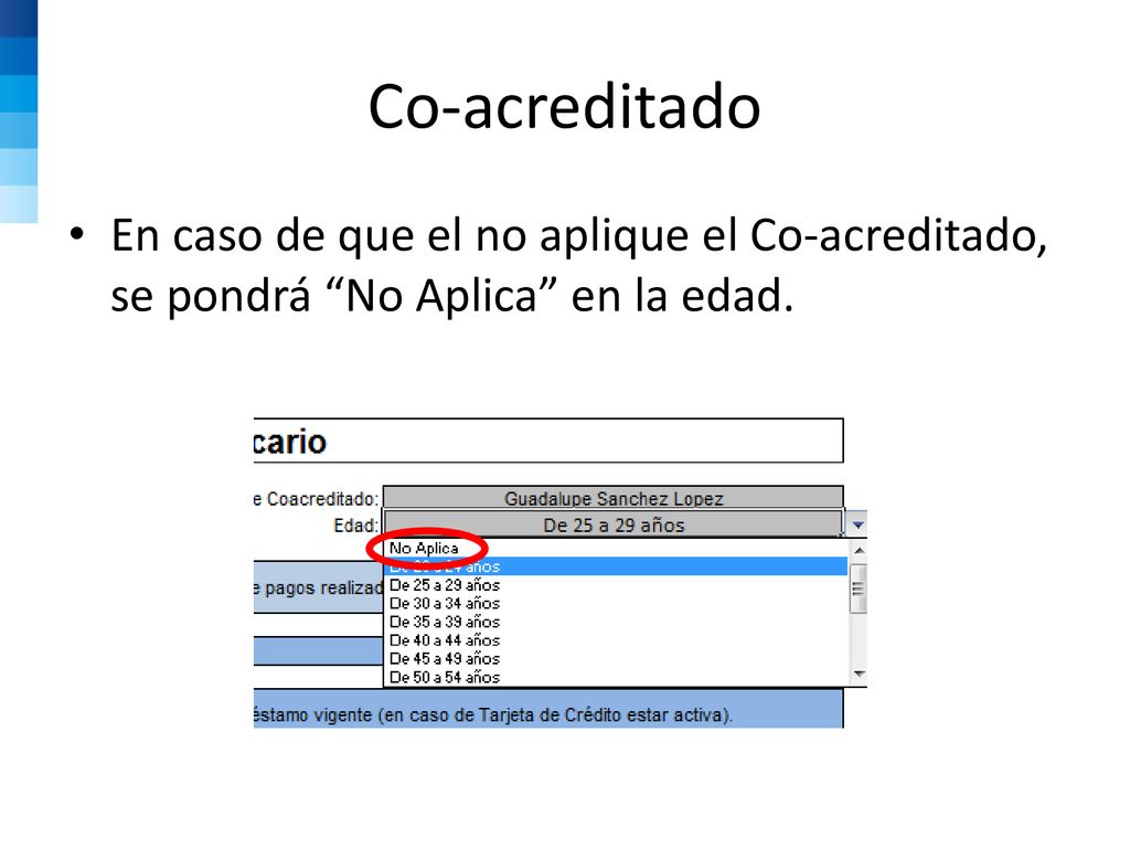 Co-acreditado En caso de que el no aplique el Co-acreditado, se pondrá No Aplica en la edad.