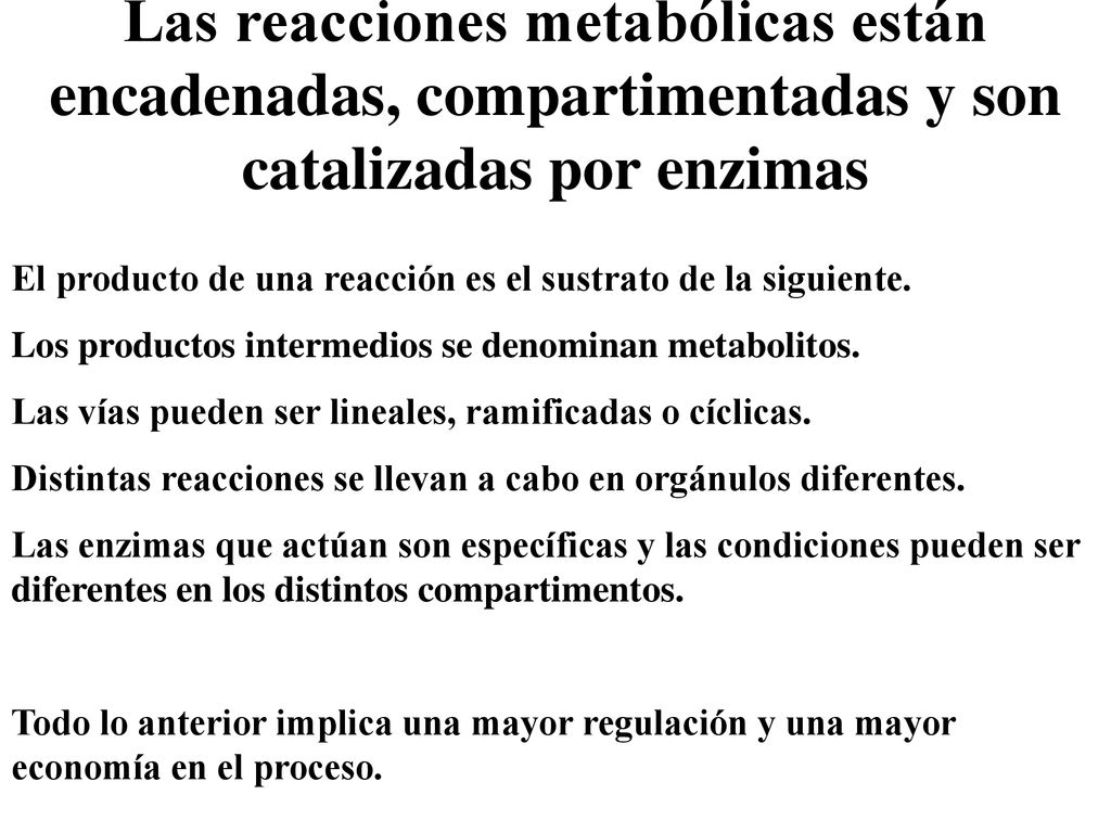 Las reacciones metabólicas están encadenadas, compartimentadas y son catalizadas por enzimas