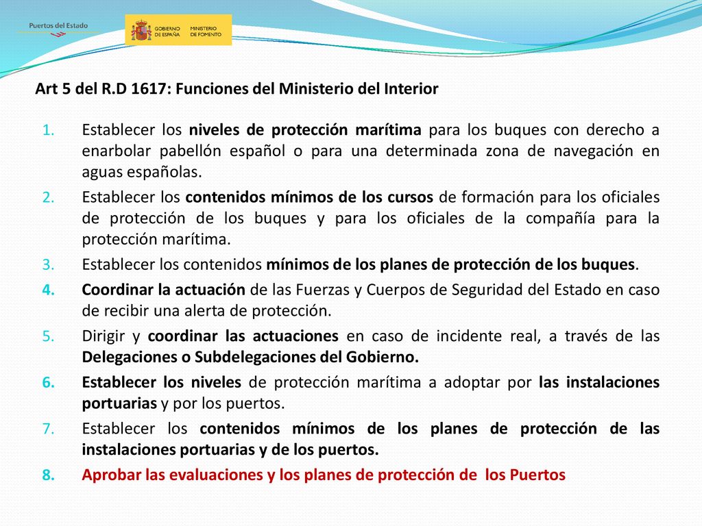Art 5 del R.D 1617: Funciones del Ministerio del Interior