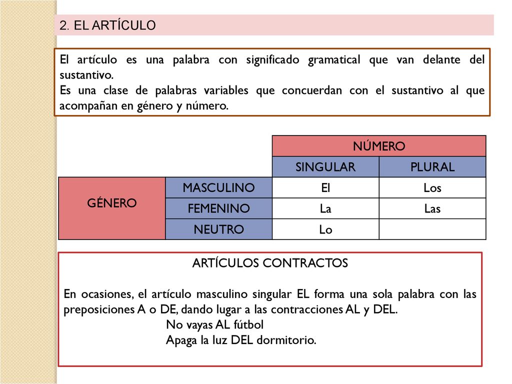 2. EL ARTÍCULO El artículo es una palabra con significado gramatical que van delante del sustantivo.