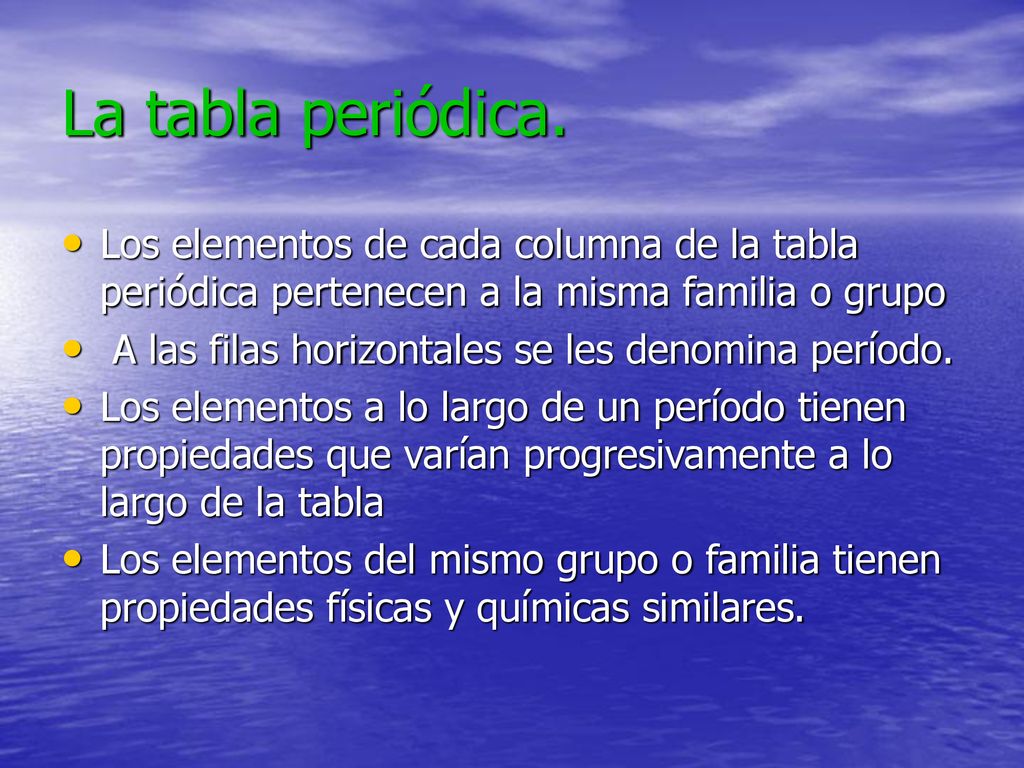 La tabla periódica. Los elementos de cada columna de la tabla periódica pertenecen a la misma familia o grupo.